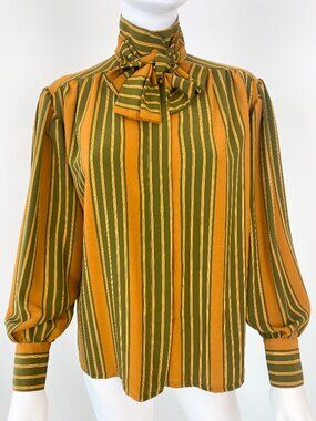 Vintage 1980s Silky Viscose Blouse Top Green and Saffran Stripes Size 10/12
